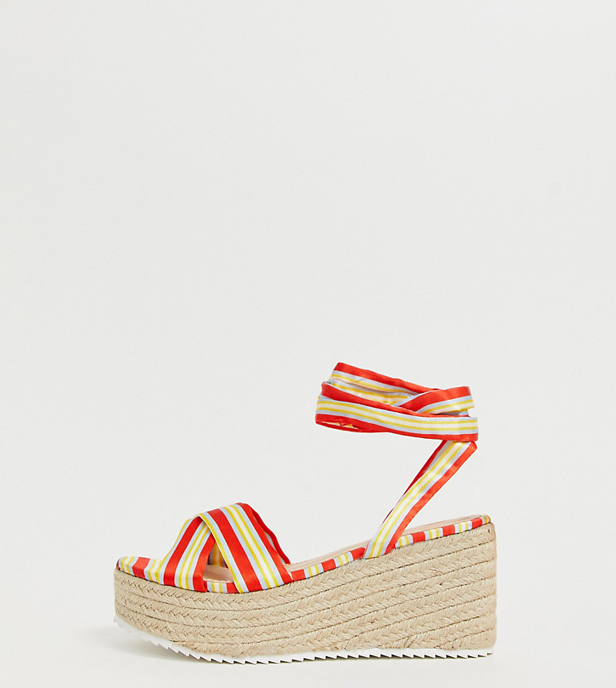 Glamorous Wide Fit red striped tie up espadrille sandals