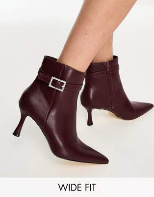 Glamorous Wide Fit Rhinestone Buckle Mid Heel Ankle Boots In Oxblood-red