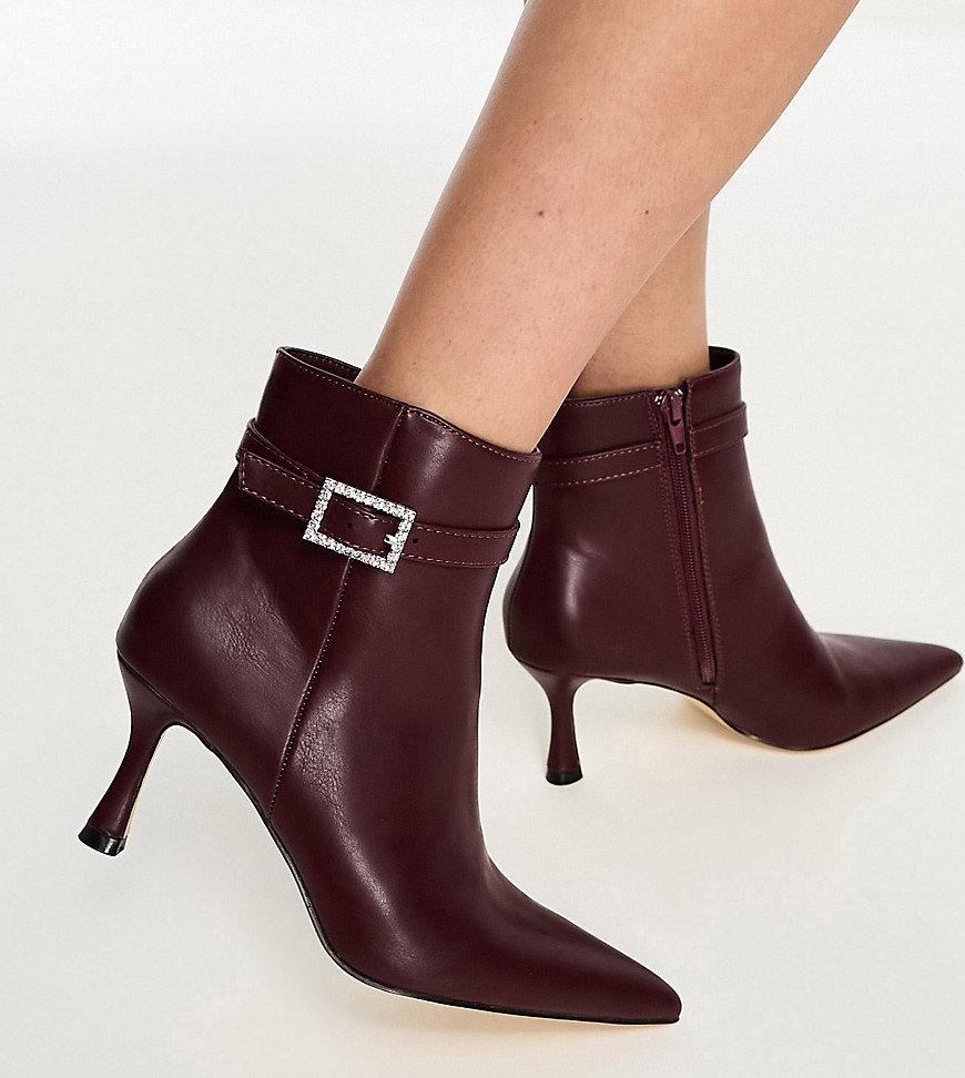 rhinestone buckle mid heel ankle boots in oxblood-Red