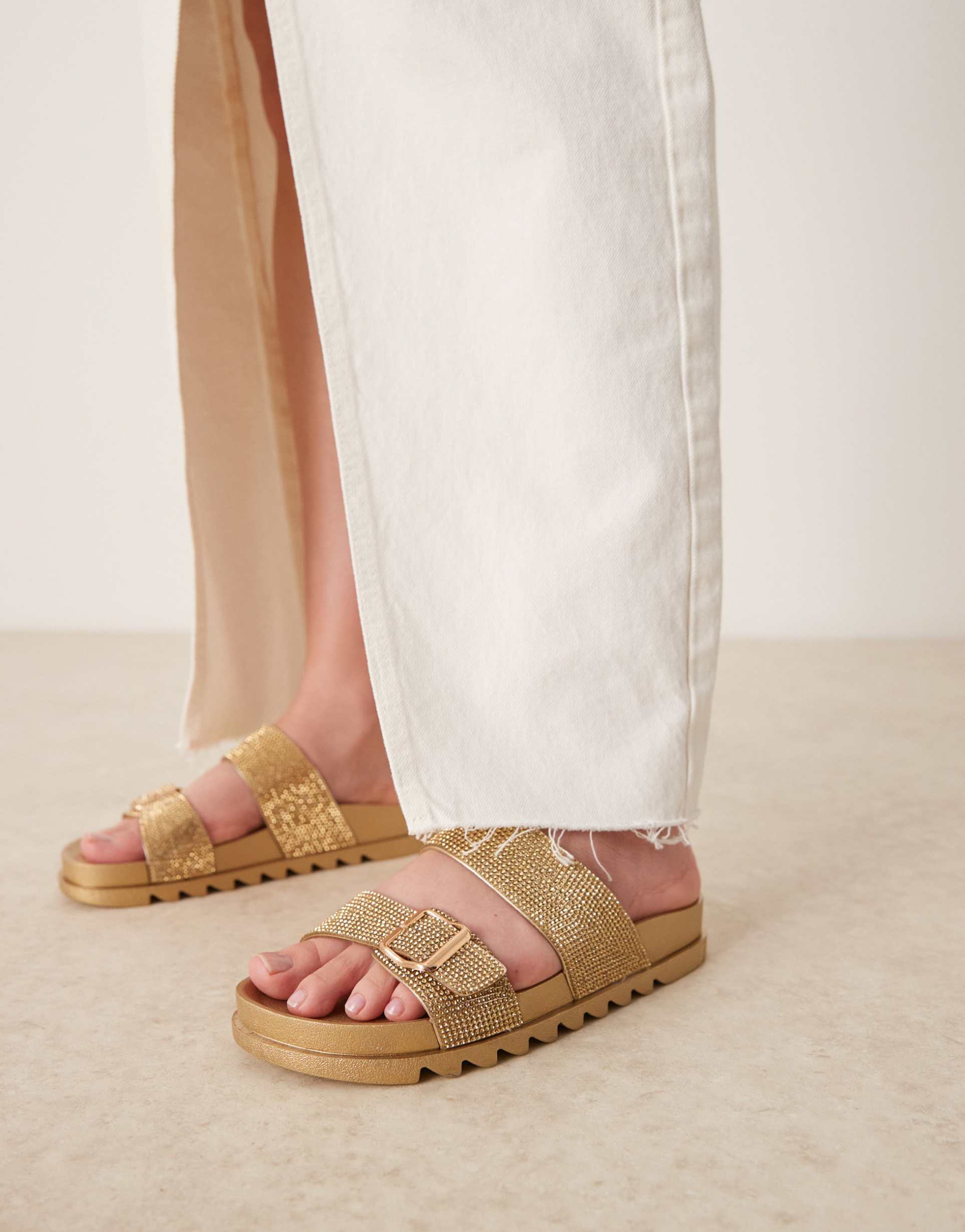 glamorous wide fit rhinestone strap slides in gold