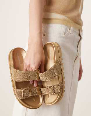 Glamorous Wide Fit Rhinestone Strap Slides In Gold