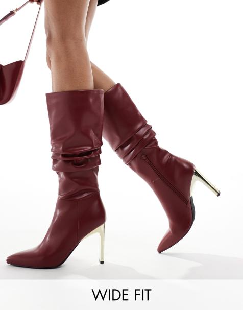 Glamorous Wide Fit ruched knee boots with gold heel in burgundy - view 1