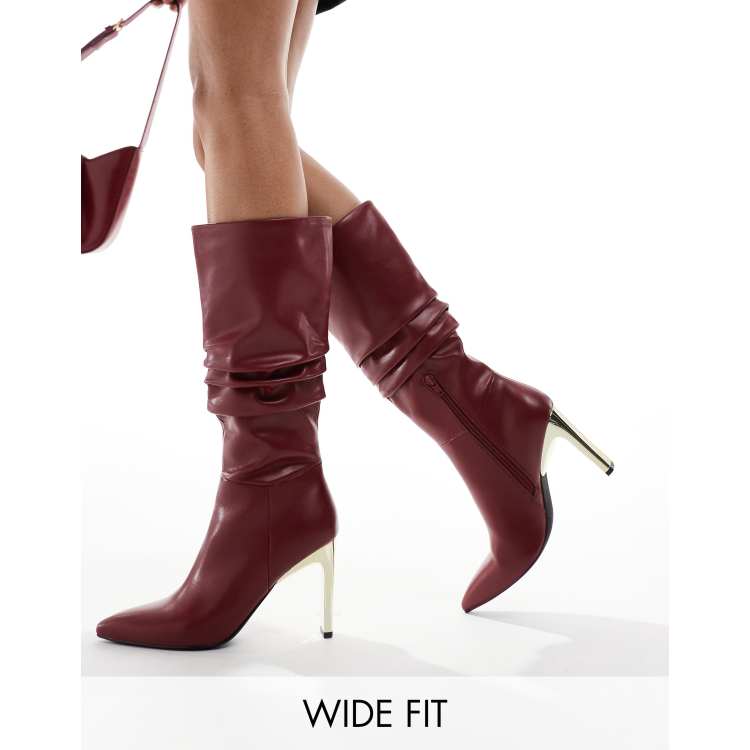 Glamorous Wide Fit ruched knee boots with gold heel in burgundy