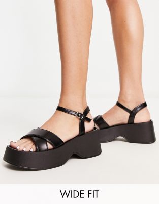 Glamorous Wide Fit - Sandalen in Schwarz mit überkreuzten Riemen und Plateausohle, weite Passform-Black