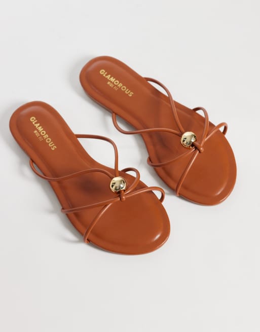 Glamorous Wide Fit - Sandali bassi a pianta larga marroni con dettagli oro, 1 di 4