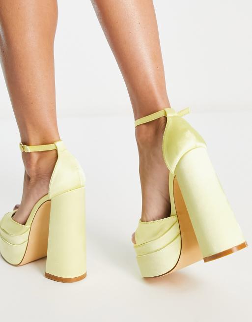Glamorous Wide Fit - Sandali con tacco e plateau in raso giallo limone, 2 di 4
