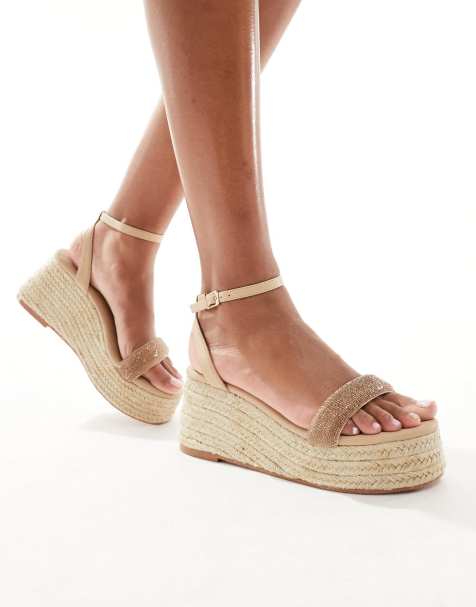 Glamorous Wide Fit - Sandali con tacco e plateau stile espadrilles a pianta larga oro con strass - view 1