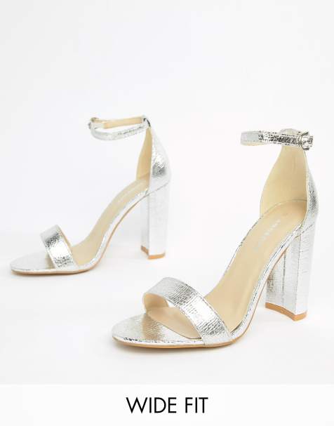 Glamorous Wide Fit Silver Barely There Block Heeled Sandals