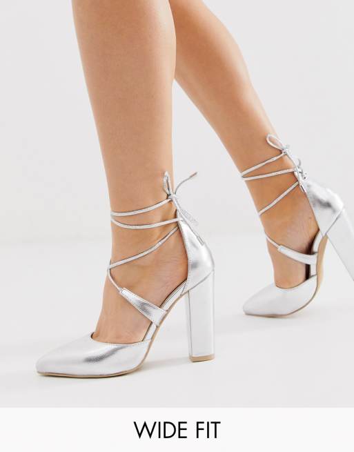 Glamorous Wide Fit silver block heeled tie up court shoes | ASOS