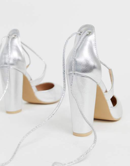 Glamorous silver ankle tie block store heeled sandals