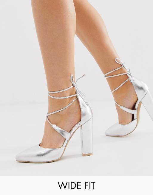 Wide Fit silver tie up pumps |