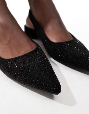Glamorous Wide Fit Slingback Embellished Pointed Toe Flats In Black