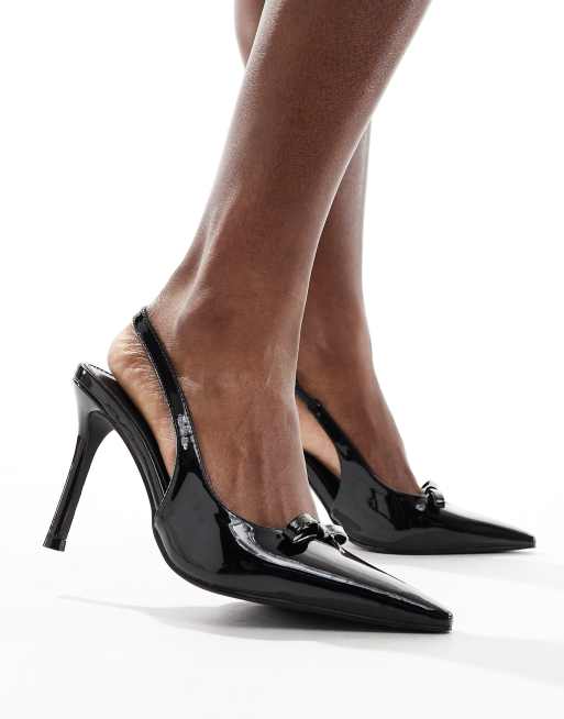 Glamorous Wide Fit slingback heeled shoes with bow in black, 4 of 4