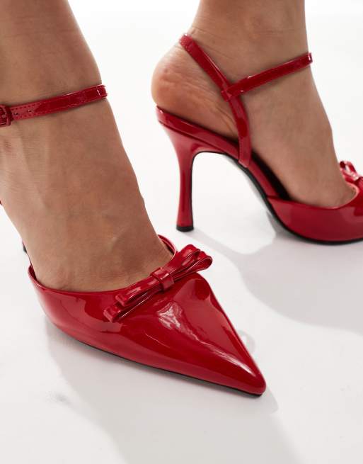 Glamorous Wide Fit slingback heeled shoes with bow in red, 3 of 4