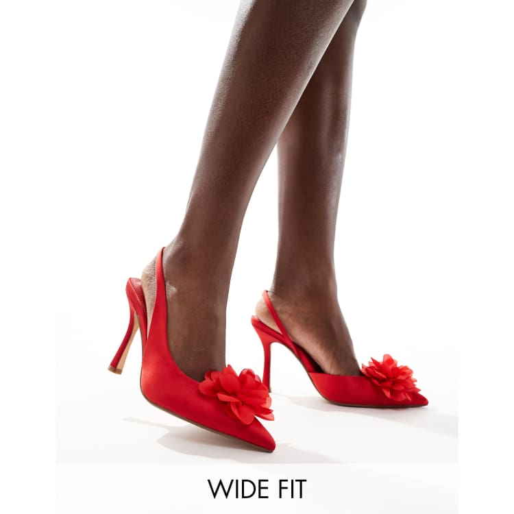 Glamorous Wide Fit slingback heeled shoes with flower in red ASOS - Main Image