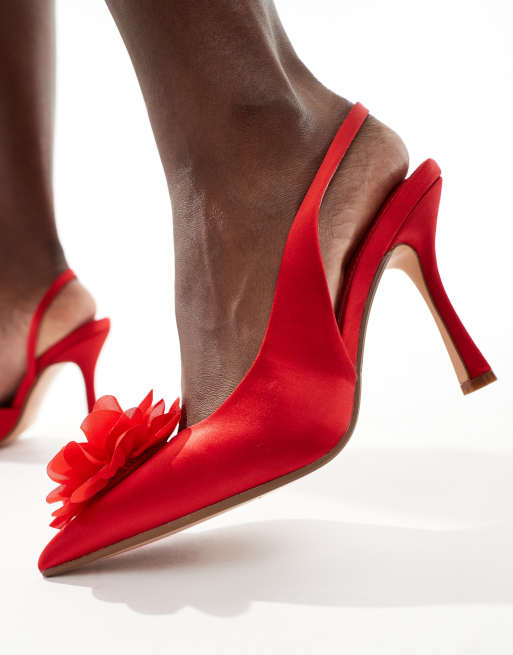 Glamorous Wide Fit slingback heeled shoes with flower in red, 2 of 4