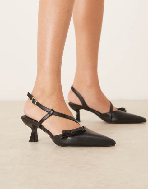 Glamorous Wide Fit slingback kitten heeled shoes with bows in black - view 1