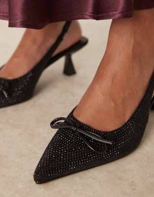 Glamorous Wide Fit Slingback Kitten Heels With Bow