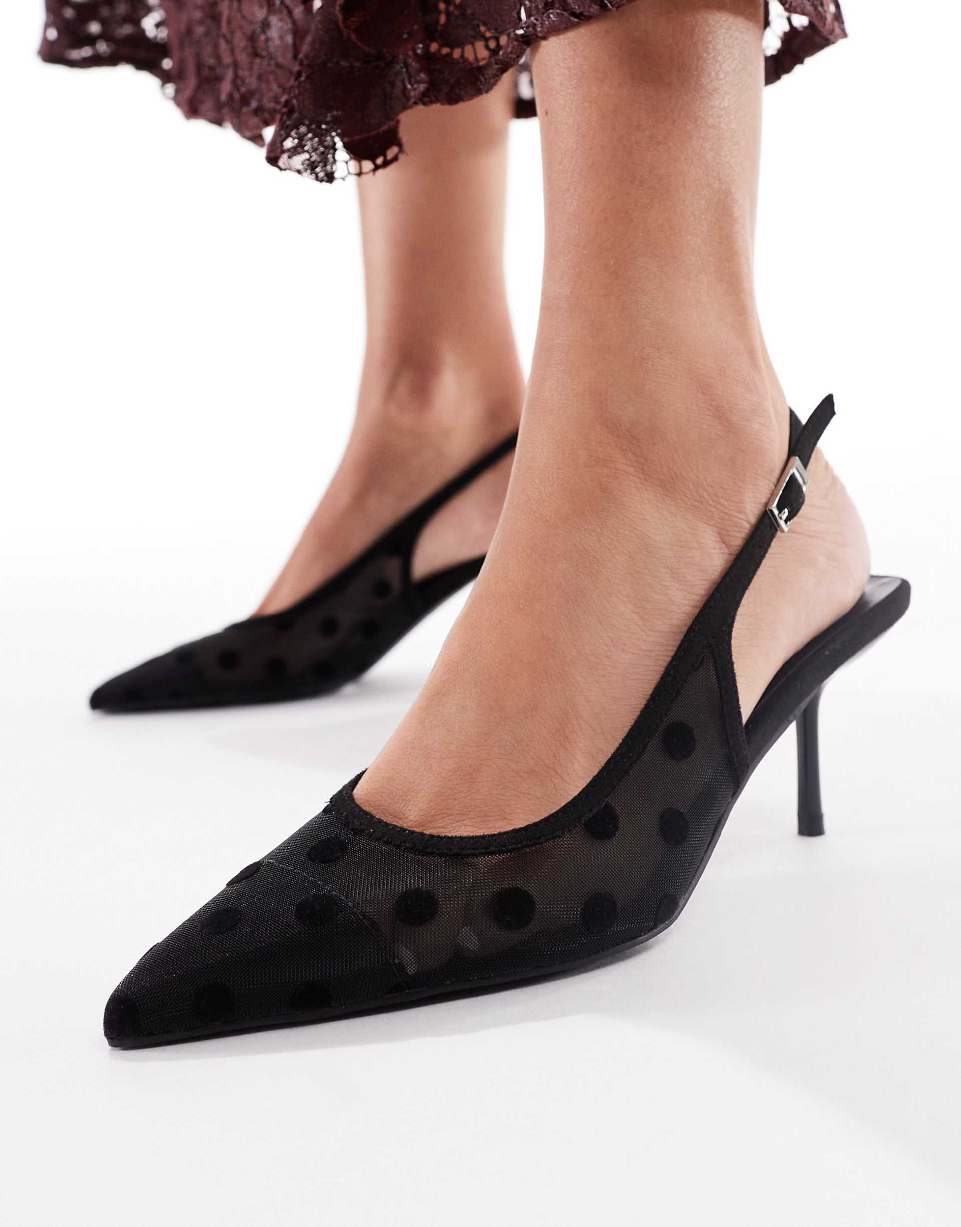 glamorous wide fit slingback pumps in mesh black polka dots