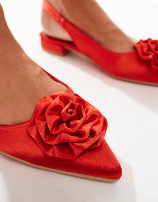 Glamorous Wide Fit slingback rosette pointed toe flats in red, 3 of 4