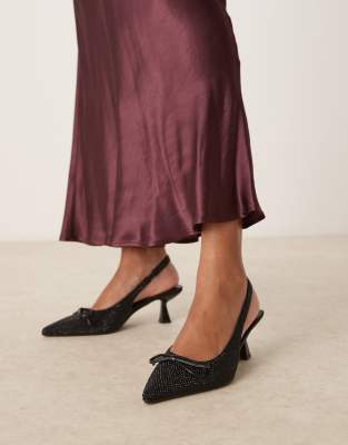 Glamorous Wide Fit - Slingback-Schuhe in verziertem Schwarz mit Schleife und Kitten-Absatz, weite Passform