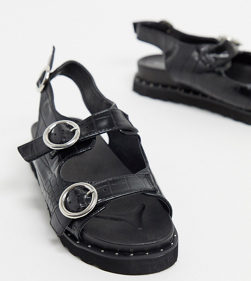 Glamorous Wide Fit — Sorte flade sandaler i imiteret krokodilleskind