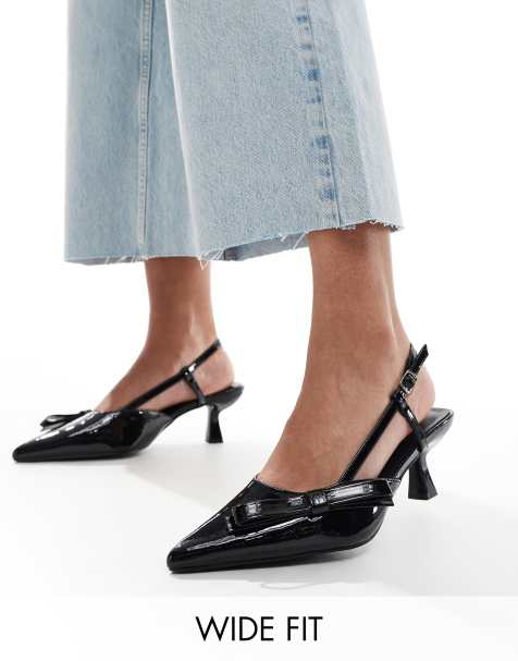 Glamorous Wide Fit - Sorte slingback-sko med kitten-hæl og sløjfedetalje - view 1