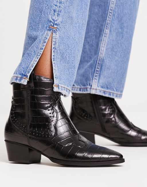 Glamorous Wide Fit - Sorte western-ankelstøvler i imiteret krokodilleskind, 3 af 4