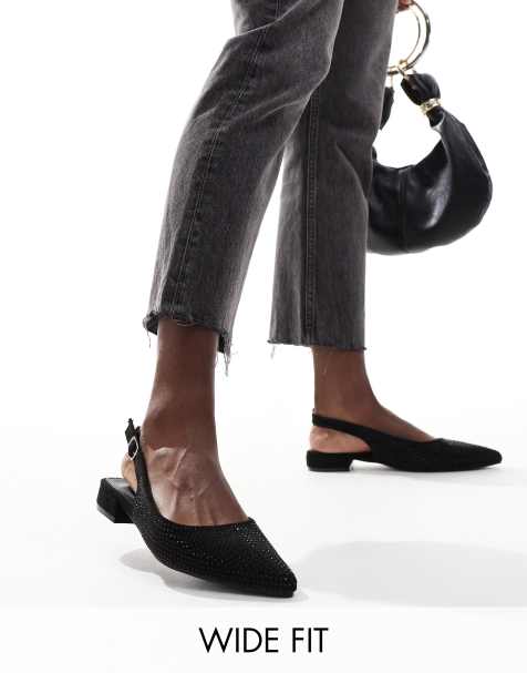 Glamorous Wide Fit - Spidse ballerinaer med slingback-rem og udsmykninger i sort - view 1