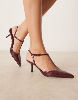 Glamorous Wide Fit - Spitze Absatzschuhe mit Fersenriemchen in Lackoptik in Burgunderrot, weite Passform