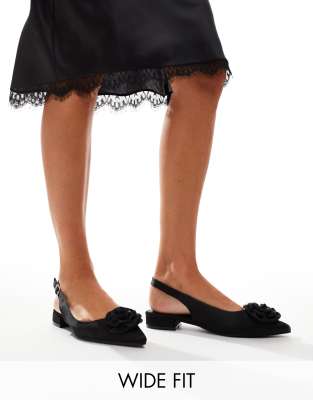 Glamorous Wide Fit - Spitze Ballerinas in Schwarz mit Fersenriemen und Rosette, weite Passform