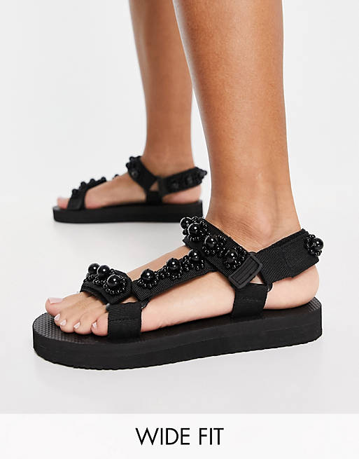Glamorous Wide Fit sporty sandals with pearl detail in black