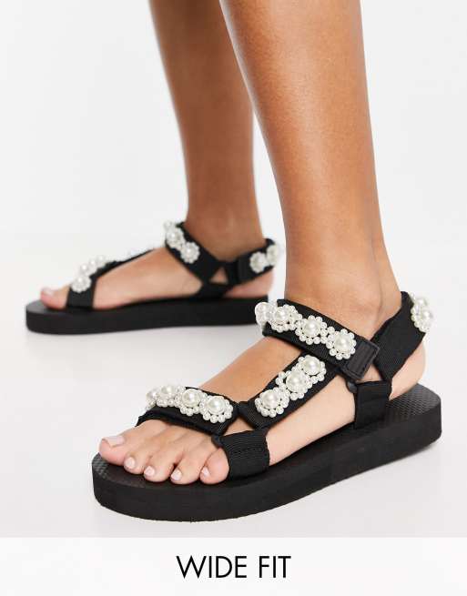 Glamorous Wide Fit sporty sandals with pearl detail in white