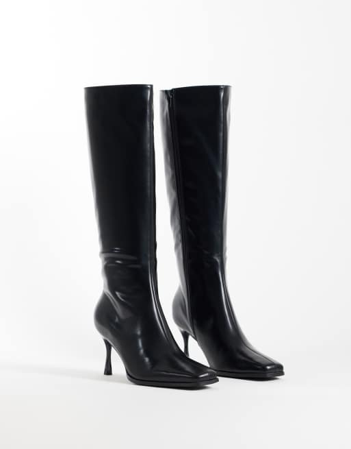 Glamorous Wide Fit square toe heeled knee boots in black PU, 2 of 4