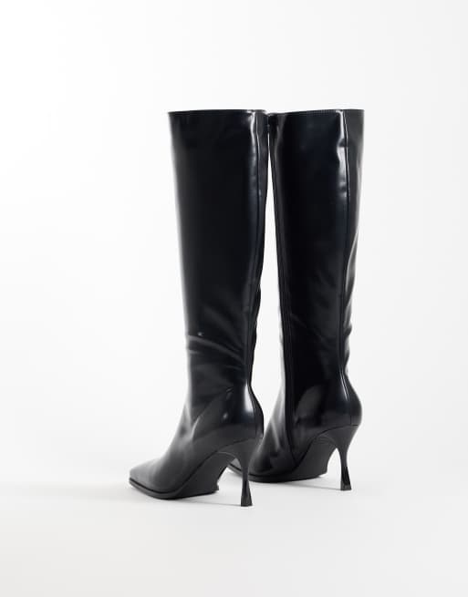 Glamorous Wide Fit square toe heeled knee boots in black PU, 4 of 4
