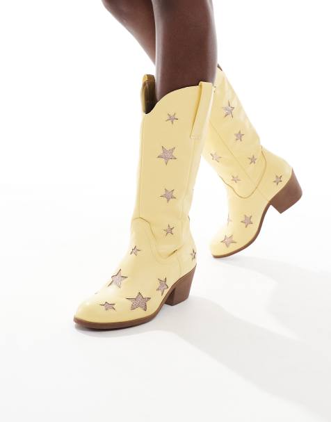 Glamorous Wide Fit star western boots in yellow - view 1