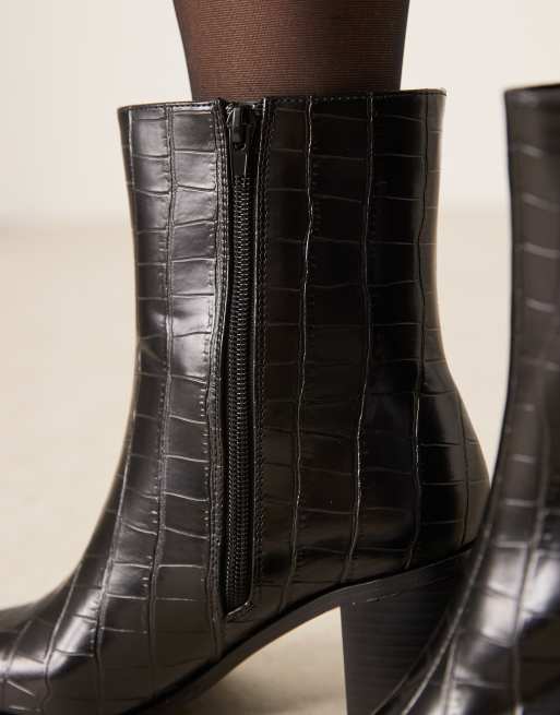 Glamorous Wide Fit - Stivaletti alla caviglia a punta nero coccodrillo a pianta larga, 4 di 4