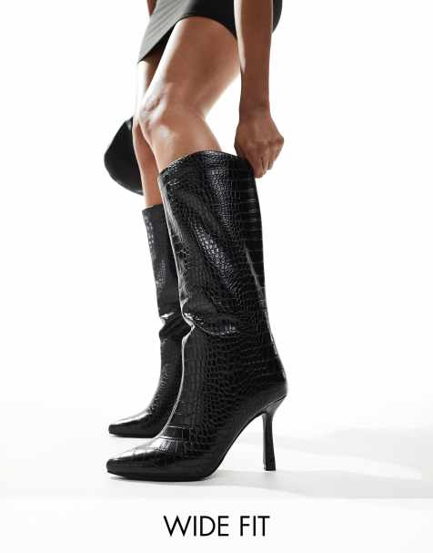 Glamorous Wide Fit - Stivali al ginocchio neri coccodrillo con tacchetti a spillo - view 1