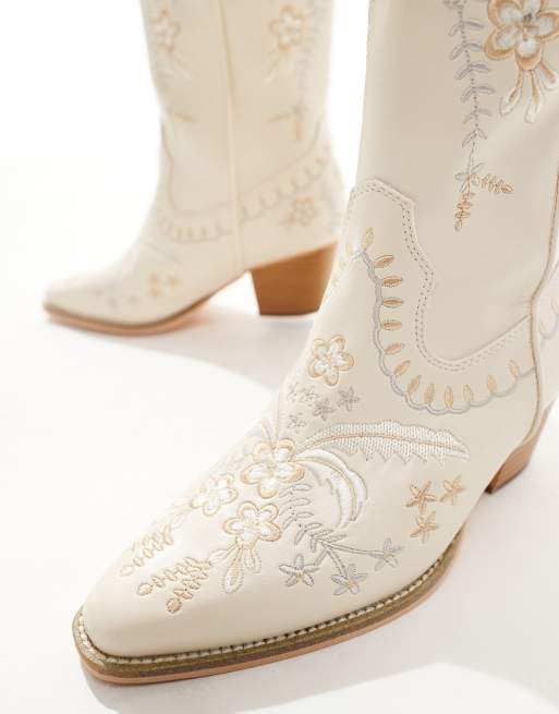 Glamorous Wide Fit - Stivali crema stile western con ricami, 2 di 4