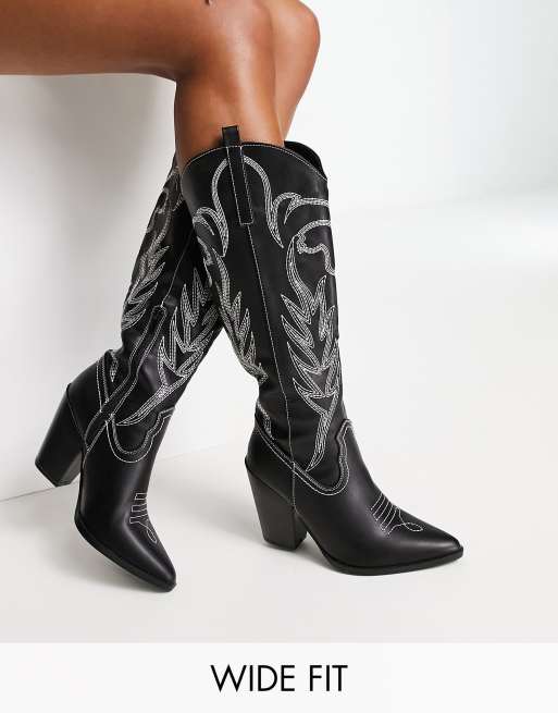 Glamorous Wide Fit - Stivali neri stile western con ricami 