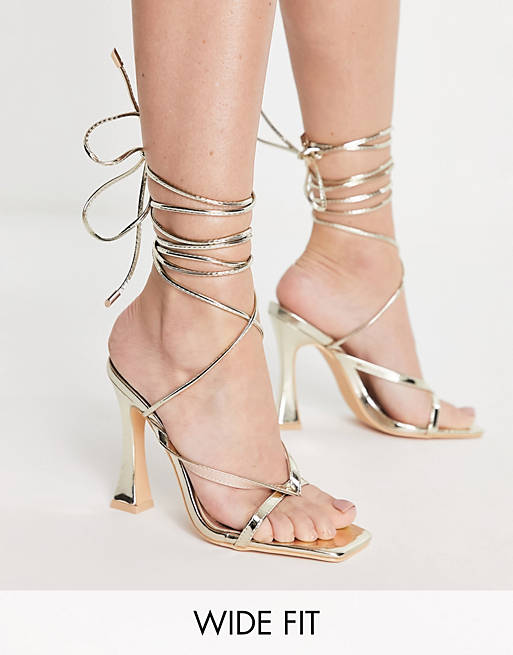 Women Heels/Glamorous Wide Fit strappy heeled sandals in gold 