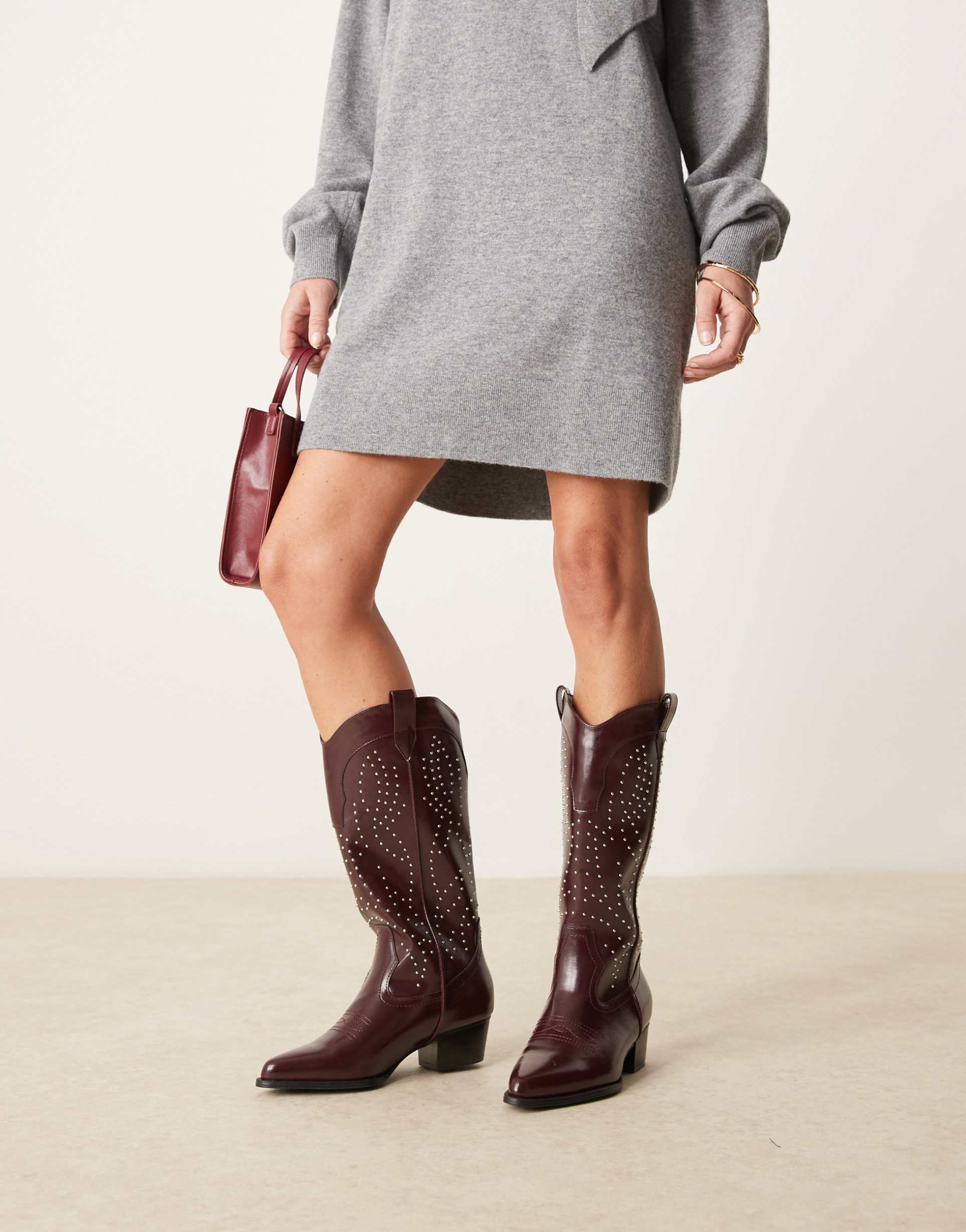 glamorous wide fit studded western knee boots in burgundy