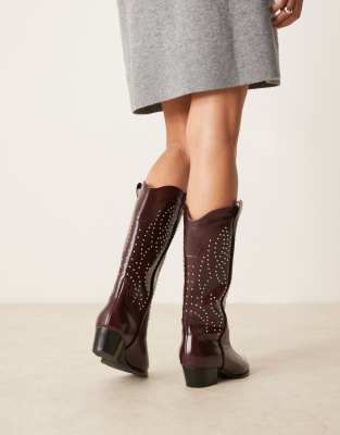Glamorous Wide Fit Studded Western Knee Boots In Brown