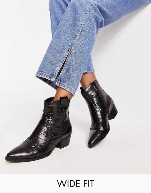 Glamorous Wide Fit – Svarta ankelboots med krokodilskinnsmönster och cowboystil