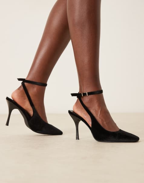 Glamorous Wide Fit tie leg heeled shoes in black velvet - view 1