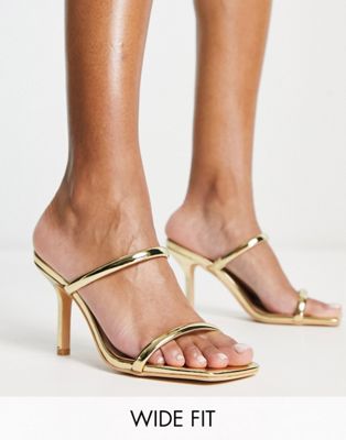 Glamorous Wide Fit two strap mule heeled sandals in gold