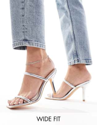 two strap mule heeled sandals in silver