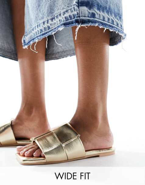 Glamorous Wide Fit  weave slides in gold - view 1