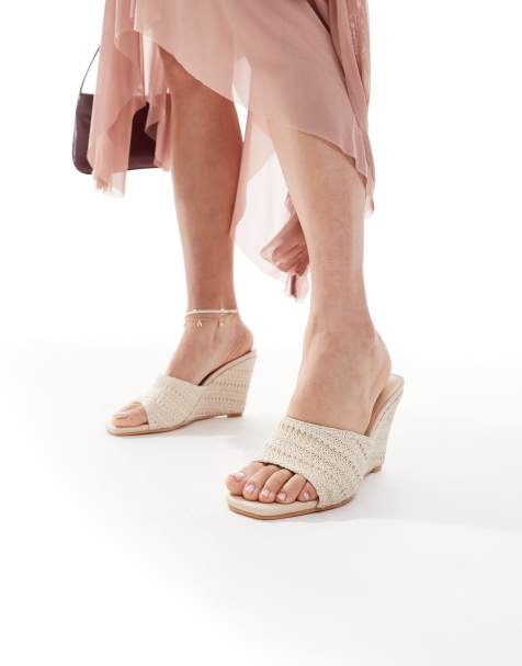 Glamorous Wide Fit wedge heeled sandals in cream crochet - view 1