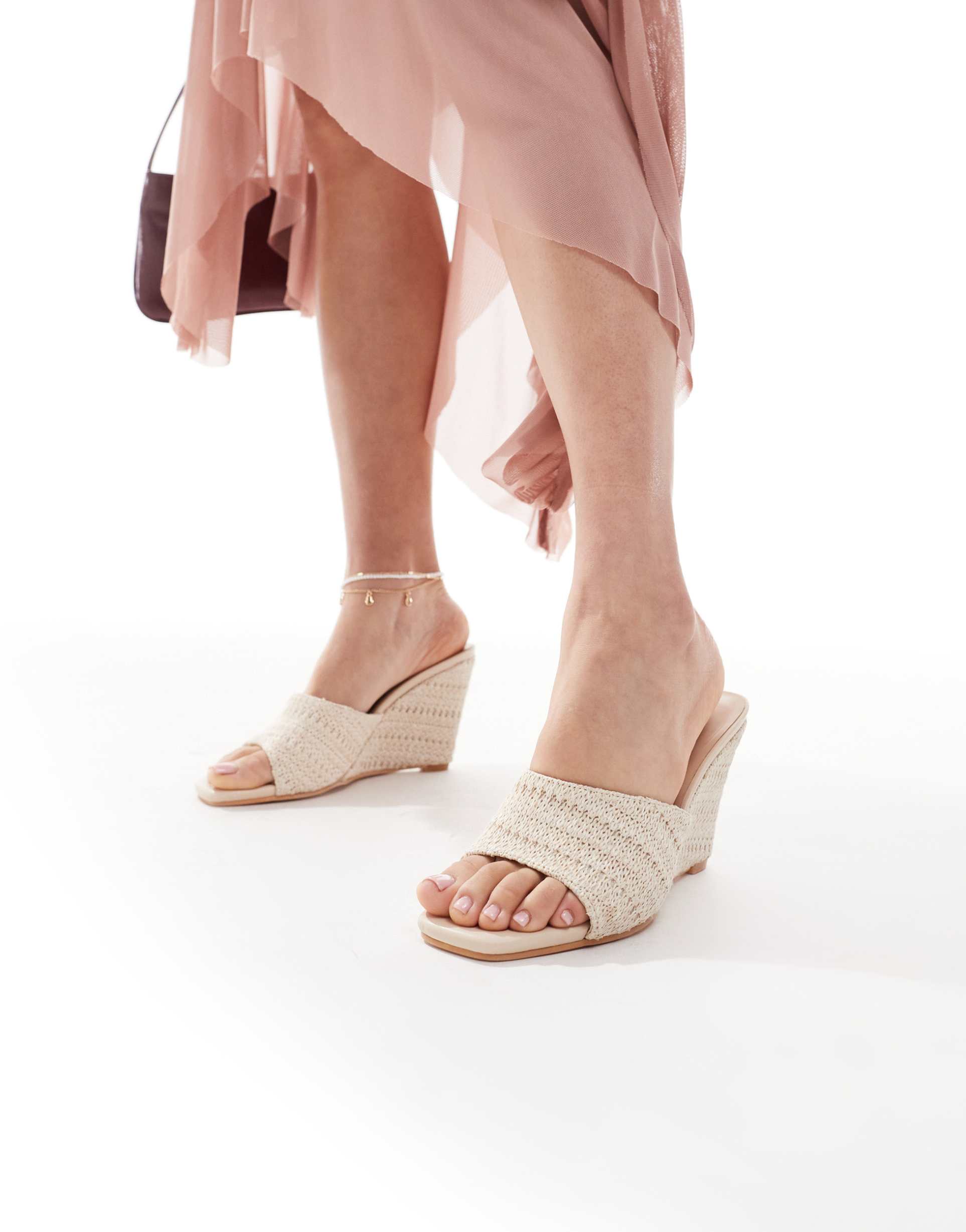 glamorous wide fit wedge heeled sandals in cream crochet